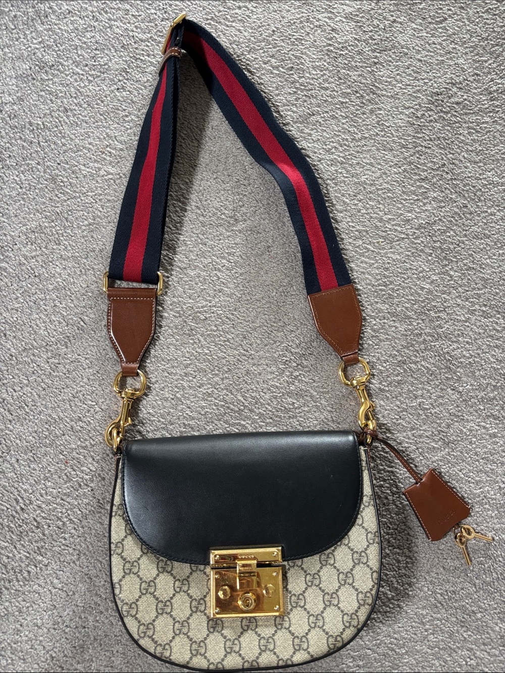 Gucci Crossbody Saddle Bag in Black, Brown & Navy-Red Stripe